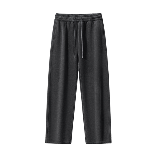 Black Drawstring Fleece Straight-Leg Wash Sweatpants